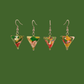 Green, red, and gold geometric origami earrings with a floral pattern on a green background.