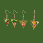 2 pairs of green and gold geometric origami earrings with a floral pattern on a green background.